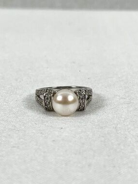 Sterling Silver Cultured Pearl CZ Accent Cocktail Ring Size 5 Split Shank Band